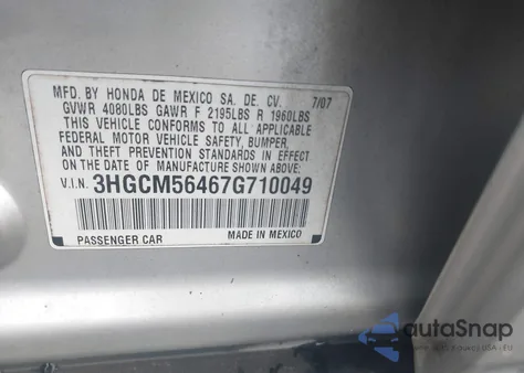 2007 Honda Accord 2.4 Lx из США, поврежденный, VIN 3HGCM56467G710049